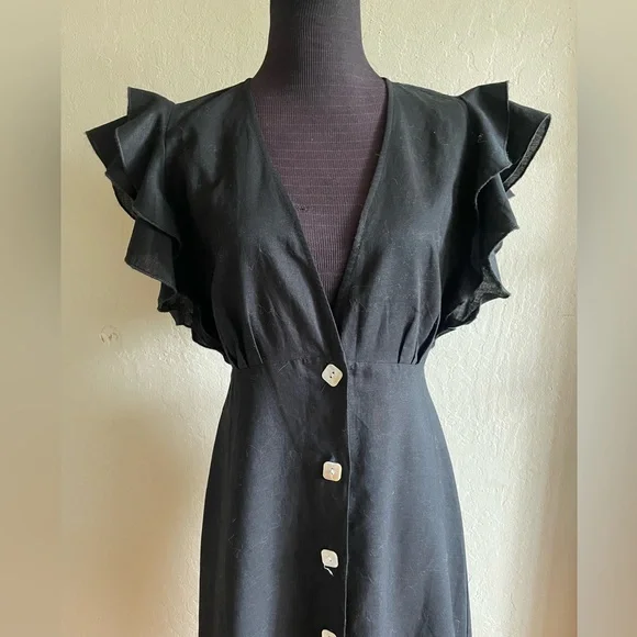 Linen cocktail Black Dress with Ruffle Sleeves - Picture 16 of 17